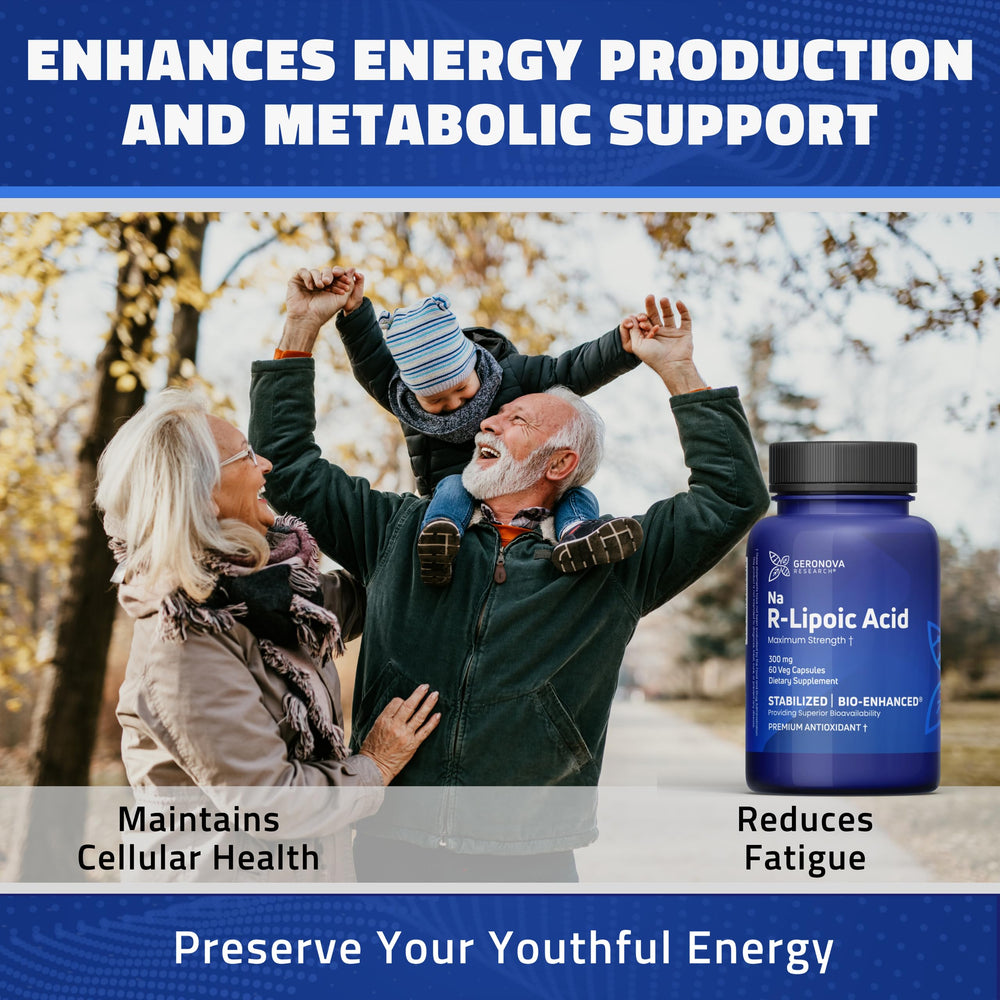 Detalle de etiqueta de Geronova Research R-Lipoico bio-mejorado para confianza