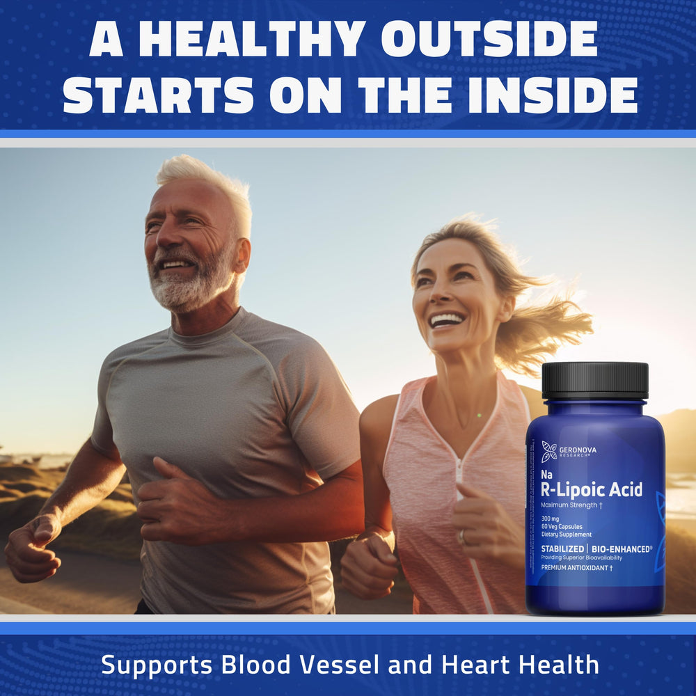 Cápsulas de Geronova Research R-Lipoico bio-mejorado dentro de la botella, acceso fácil
