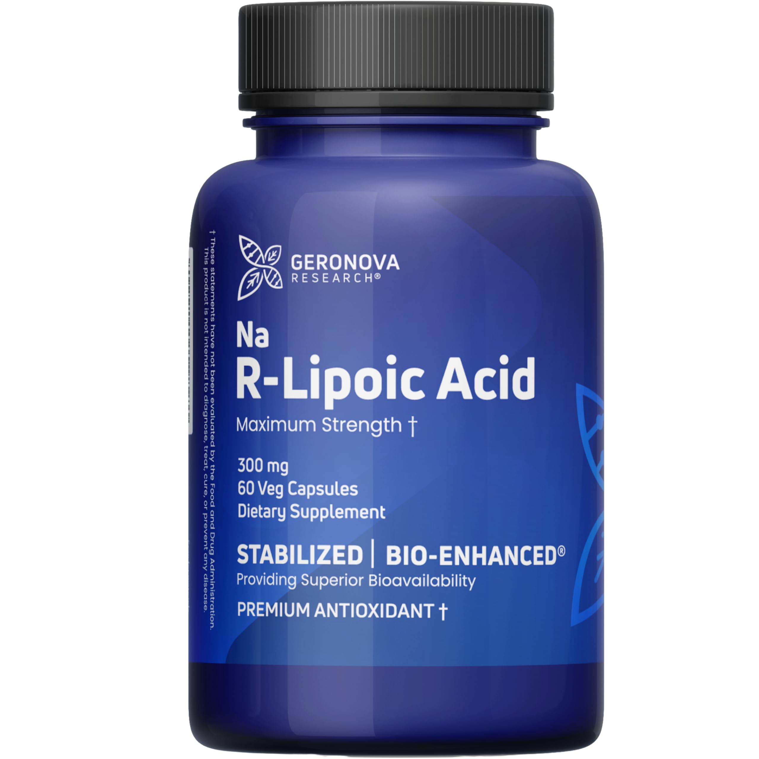 Geronova Research R-Lipoico bio-mejorado, frente de la botella, muestra mayor absorción diaria