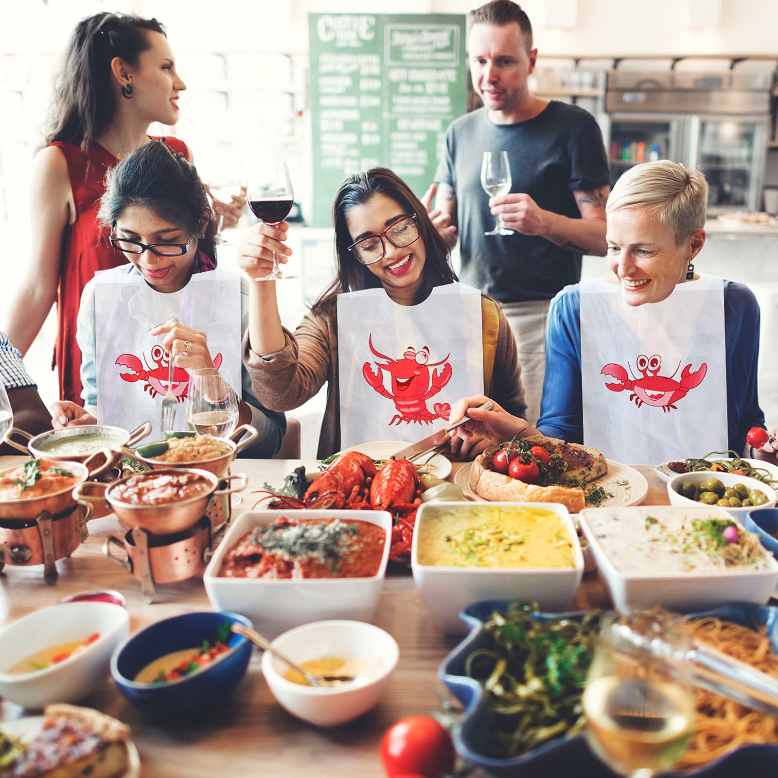 Geyoga babero en mesa de fiesta de mariscos, mejora la presentación del evento