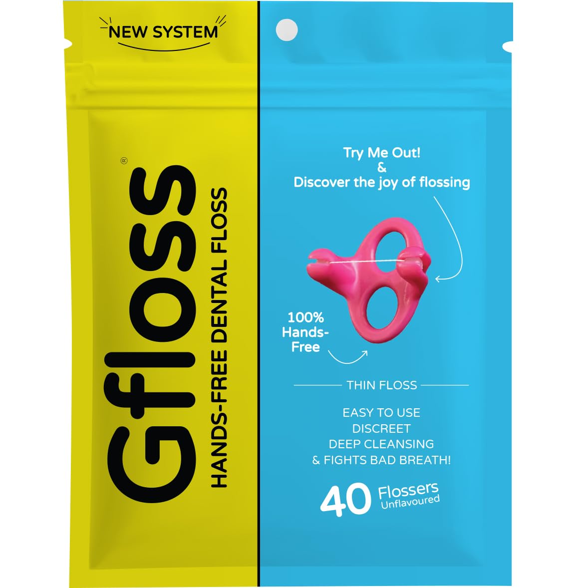 Gfloss empaque frontal mostrando 40 unidades y ventajas portátiles