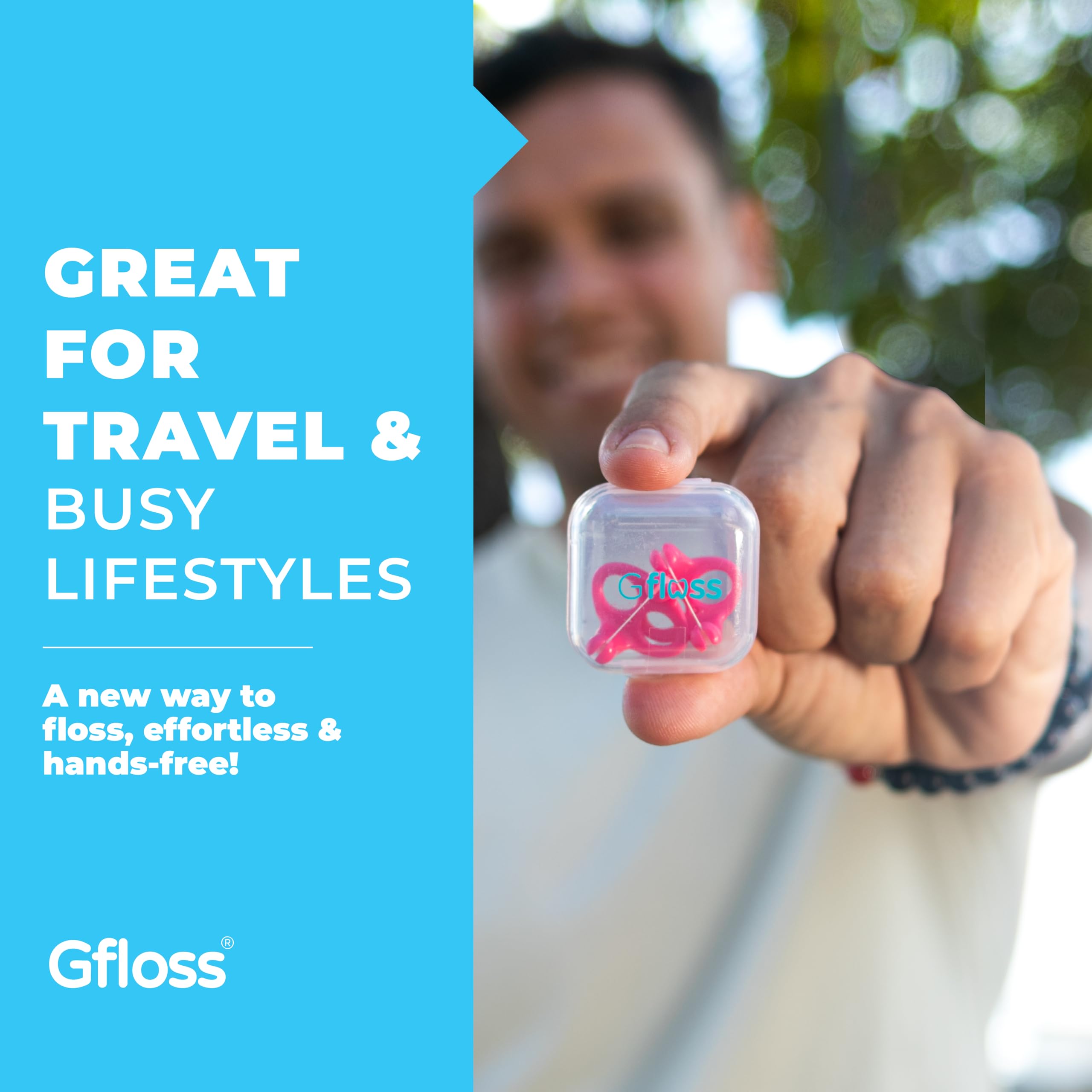 Gfloss persona usando hilo manos libres para limpieza rápida