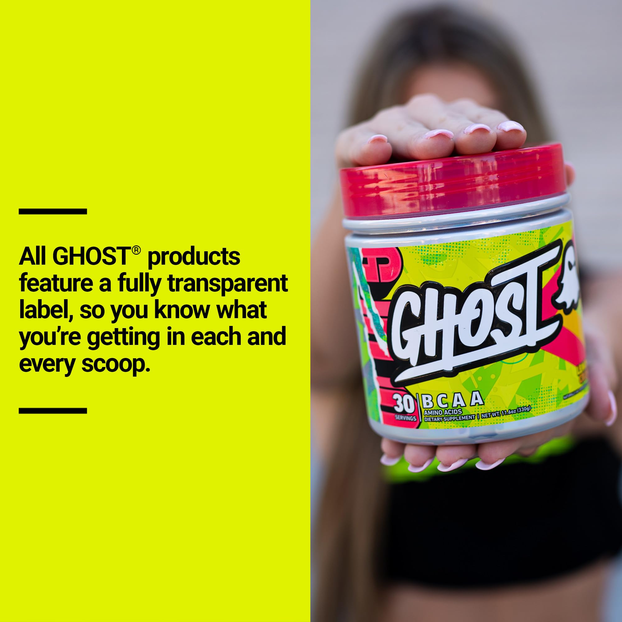 Etiqueta transparente de GHOST BCAA destacando dosis claras y sin mezclas propietarias