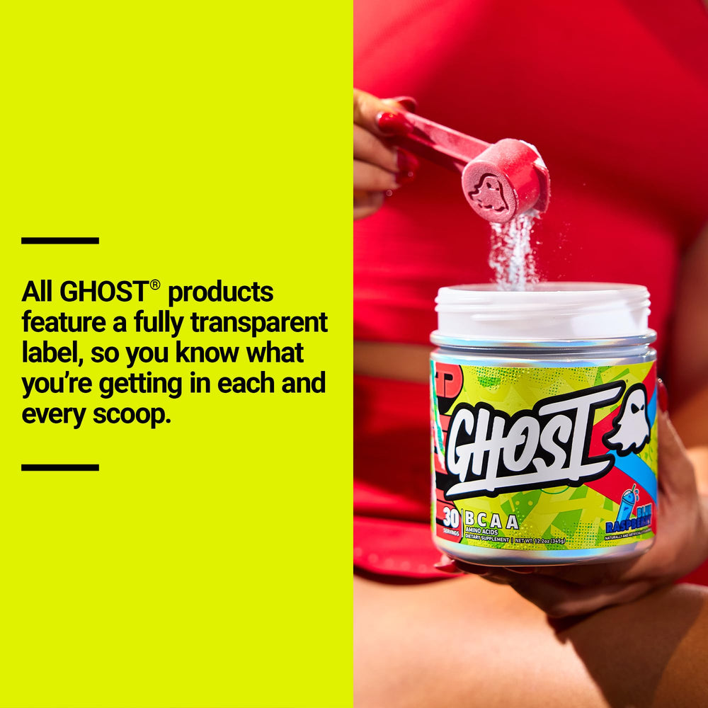 GHOST detalle de etiqueta transparente mostrando dosis claras y ingredientes