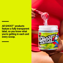 GHOST detalle de etiqueta transparente mostrando dosis claras y ingredientes