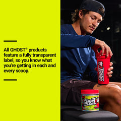GHOST detalle de la etiqueta transparente con dosis y ingredientes