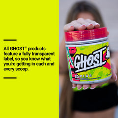 Etiqueta transparente de GHOST BCAA destacando dosis claras y sin mezclas propietarias