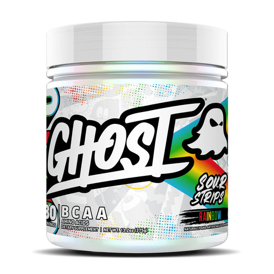 GHOST frasco frontal del BCAA Sour Strips con etiqueta transparente y sabor visible