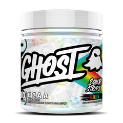 GHOST frasco frontal del BCAA Sour Strips con etiqueta transparente y sabor visible