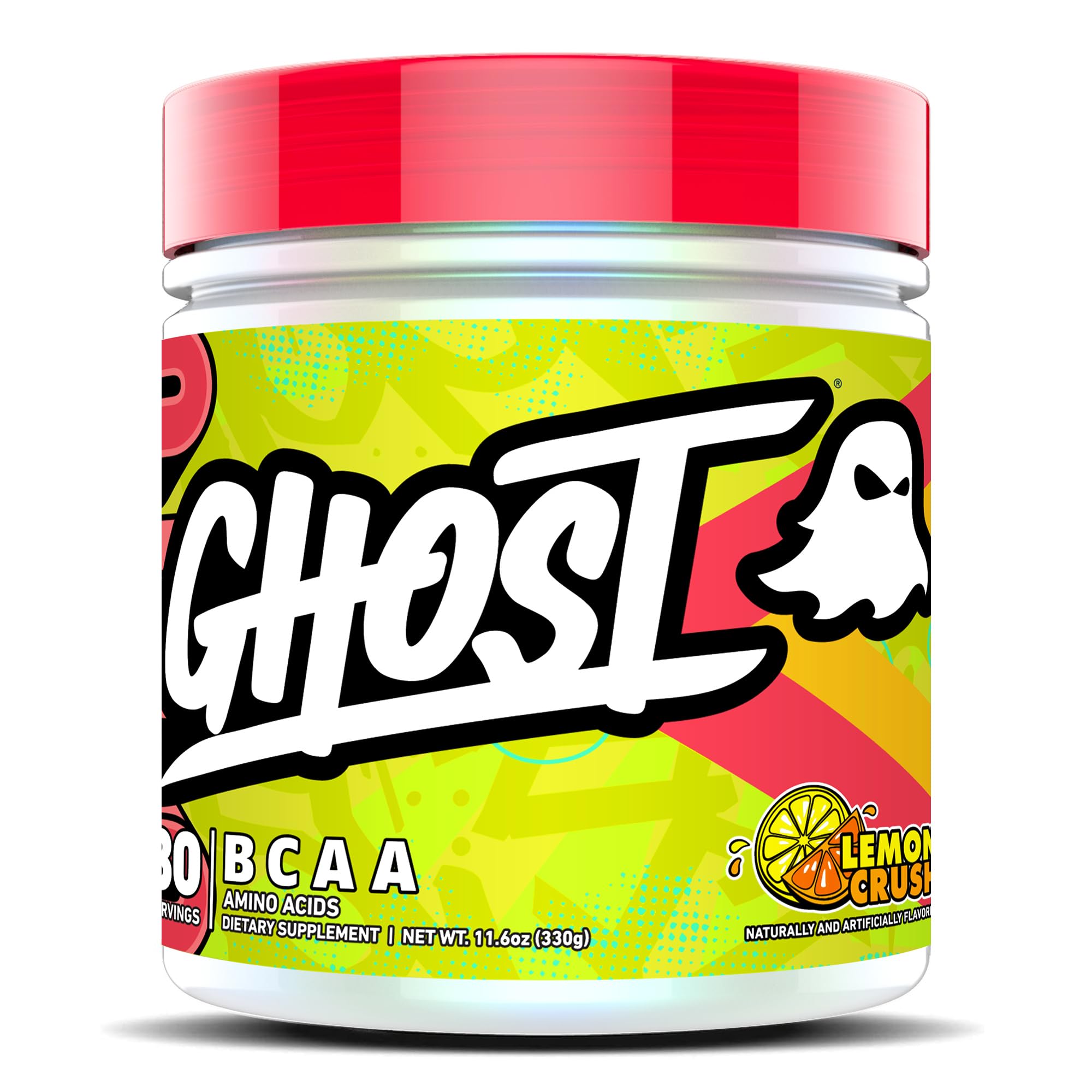 Envase frontal GHOST BCAA Lemon Crush mostrando diseño y porciones