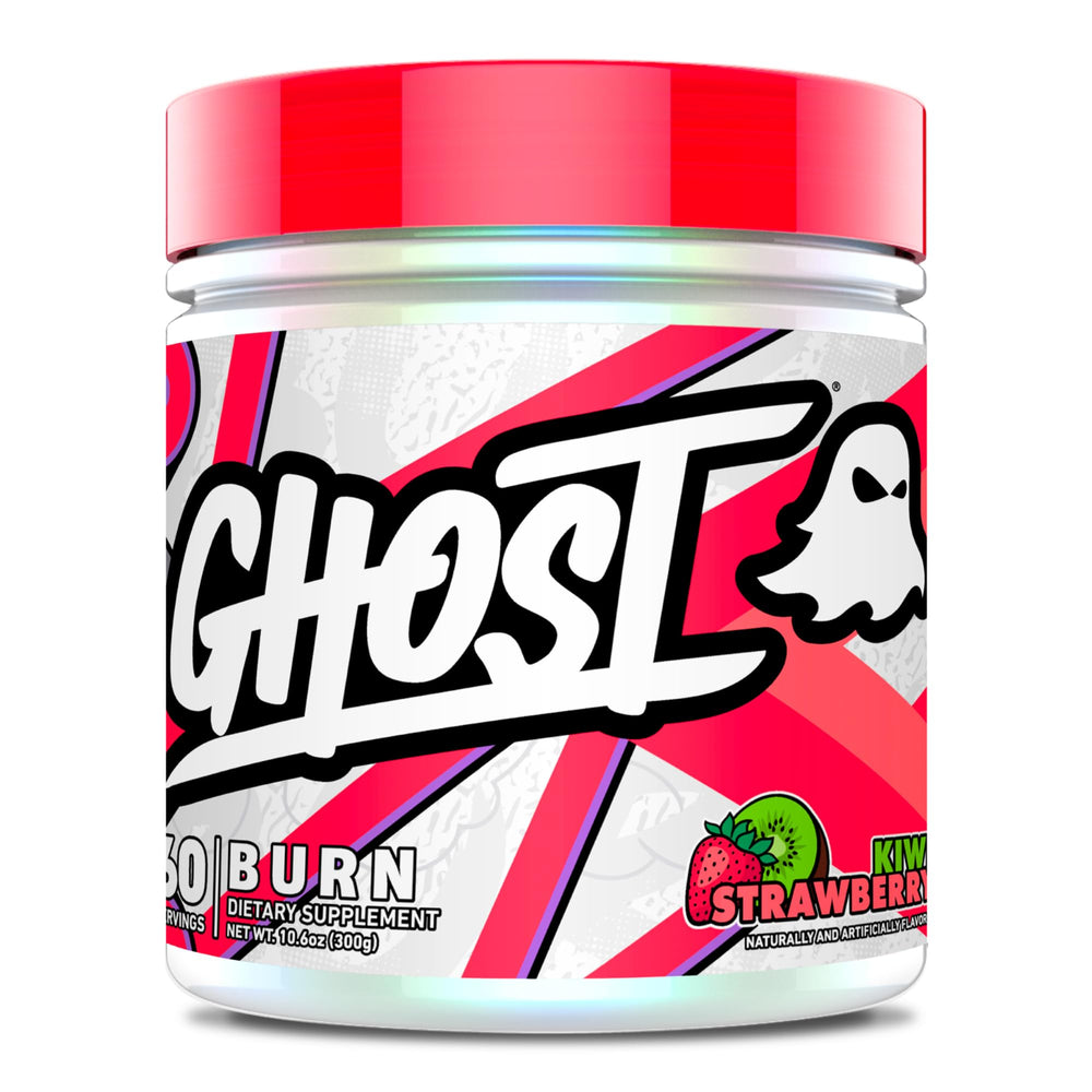 GHOST Burn envase frontal mostrando diseño y sabor Kiwi Strawberry para reconocimiento