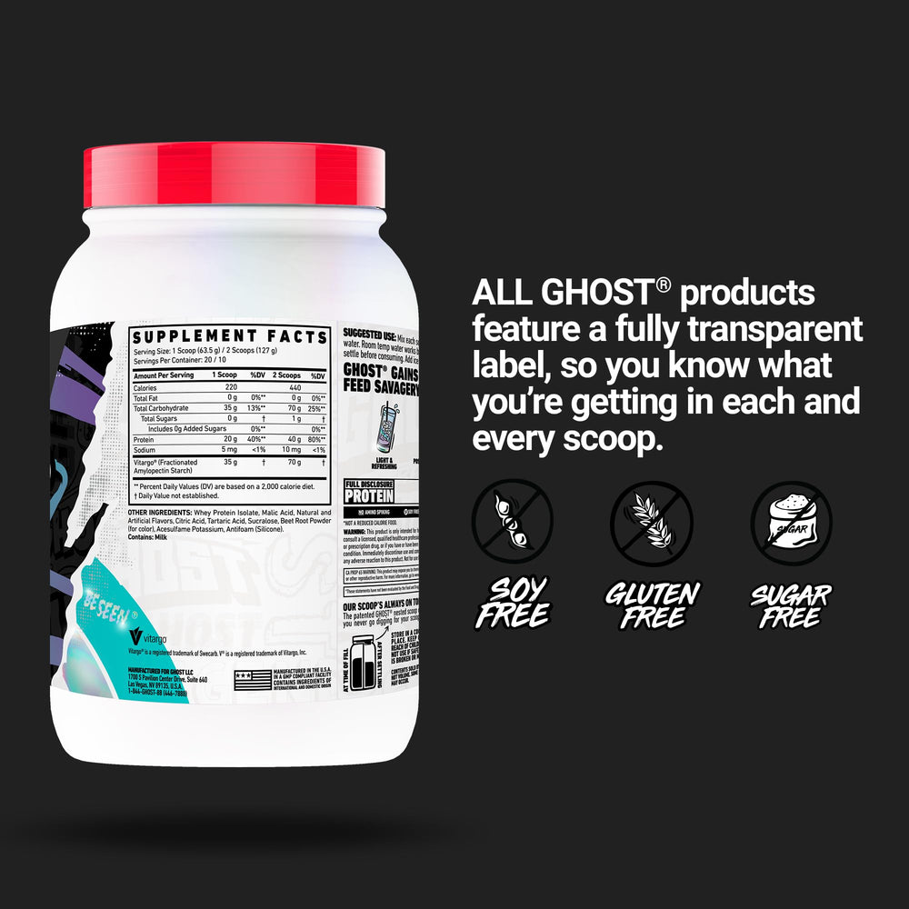 Envase GHOST Clear Gains junto a objetos cotidianos para mostrar tamaño real del bote