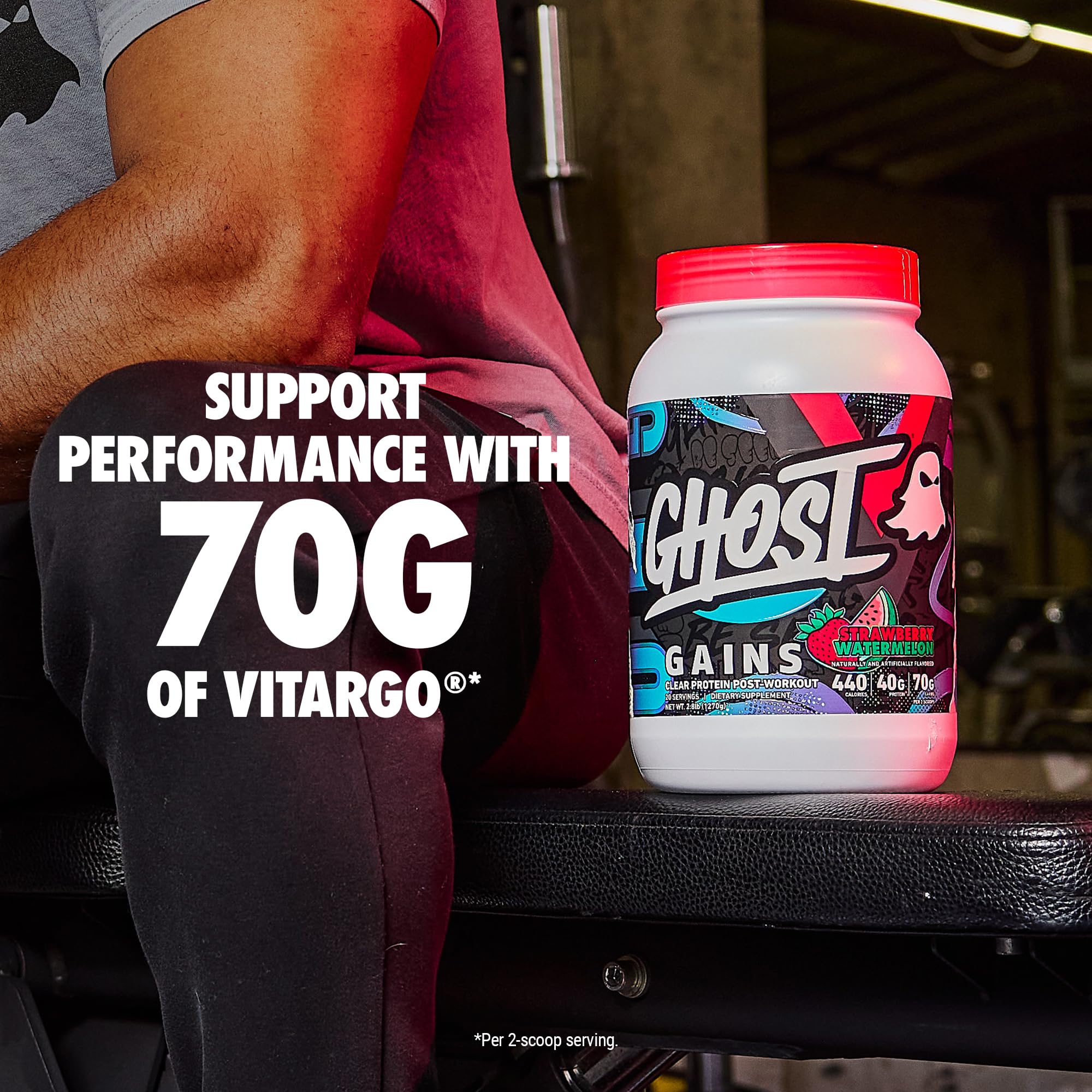 Etiqueta transparente de GHOST Clear Gains destacando dosis y ausencia de mezclas propietarias