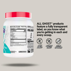 GHOST envase junto a una pesa para comparar tamaño y facilitar dosificación