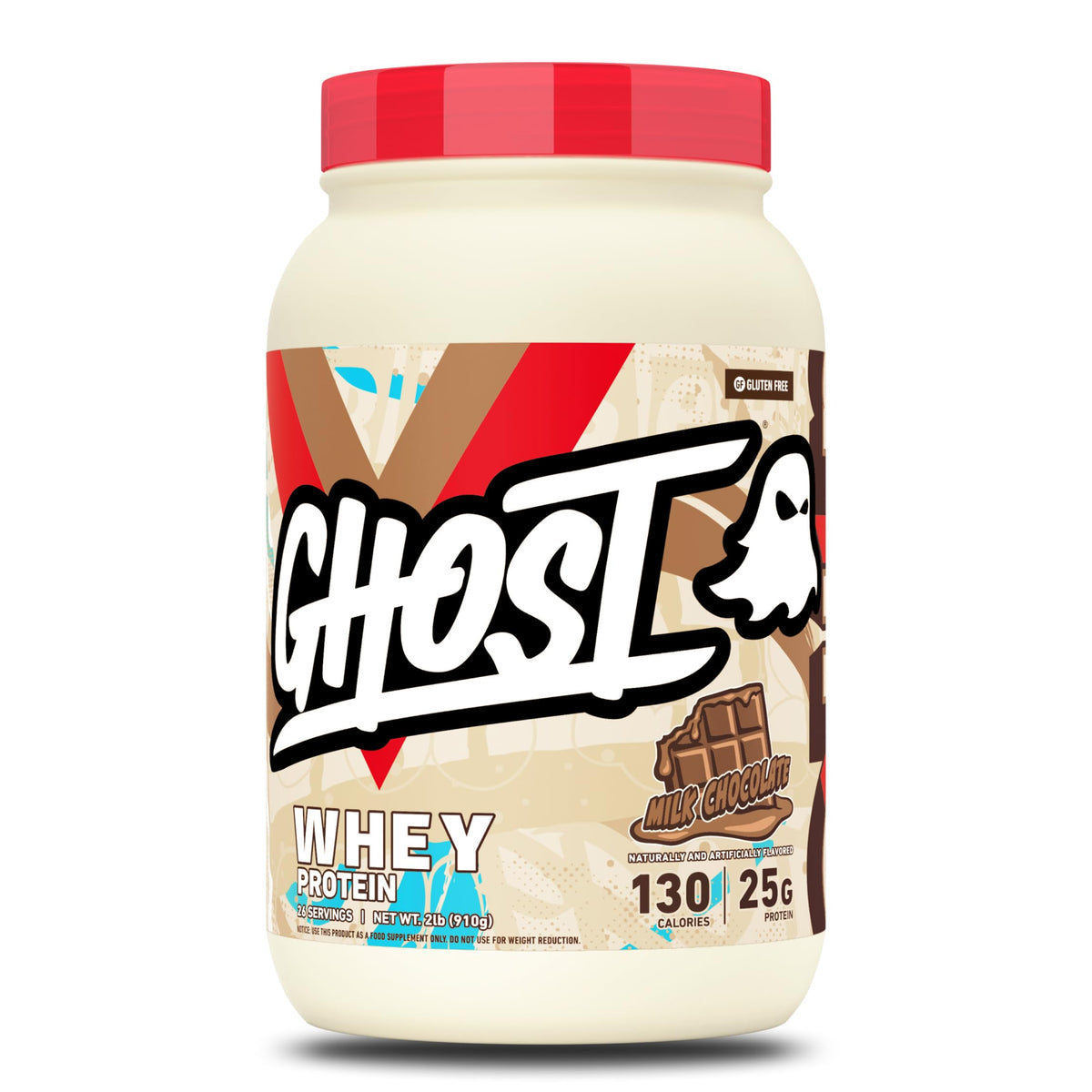 GHOST envase frontal sabor chocolate con leche muestra tamaño y diseño