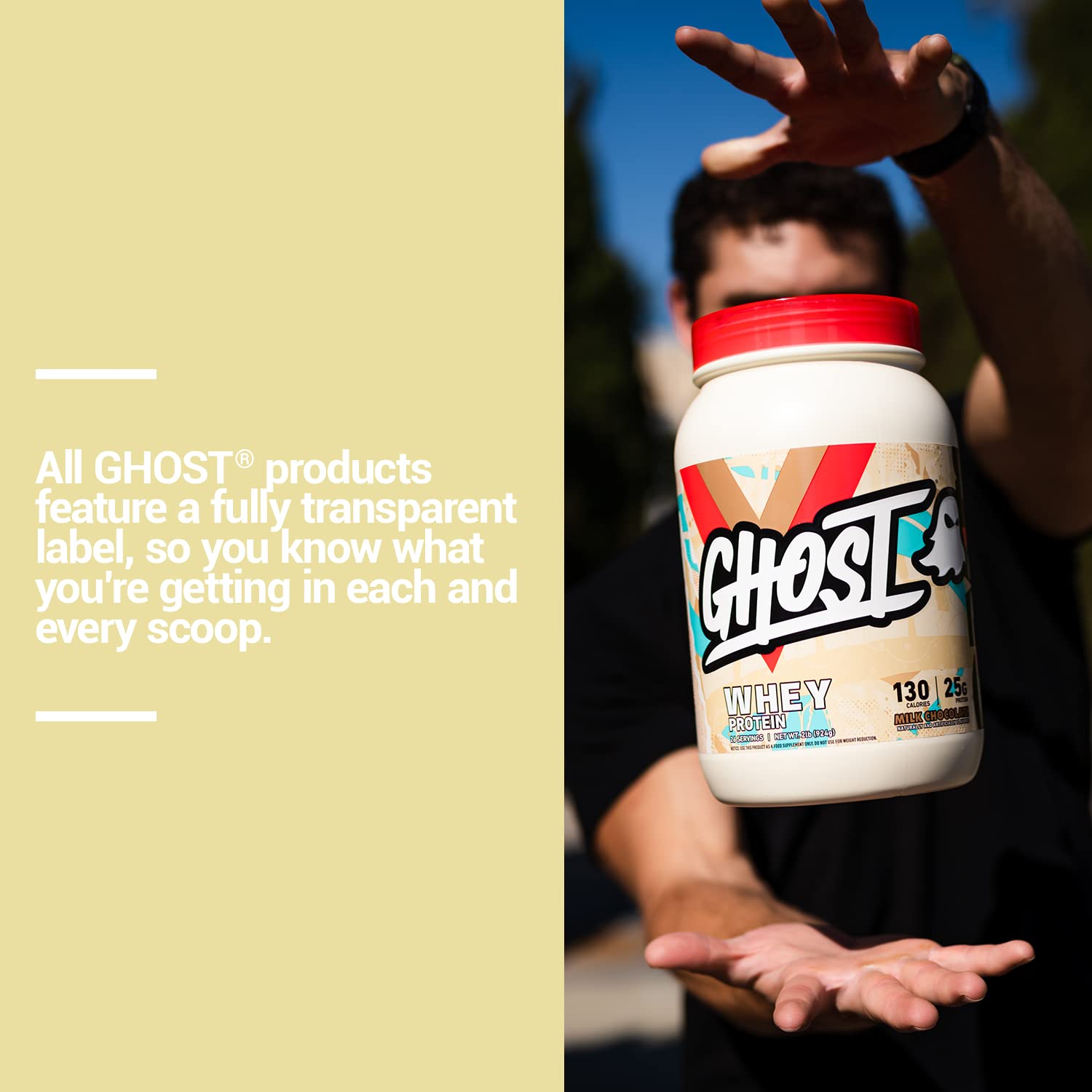 GHOST etiqueta transparente mostrando ingredientes y dosificaciones claras