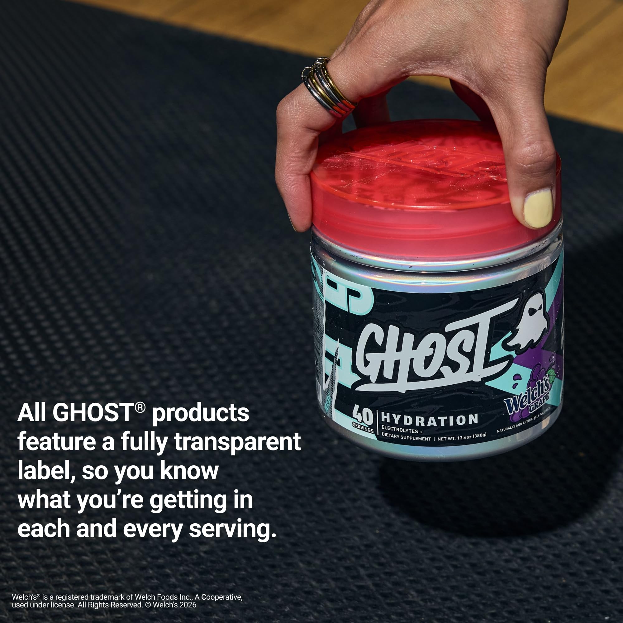 Etiqueta transparente de GHOST Hydration mostrando dosis exacta de electrolitos, total transparencia