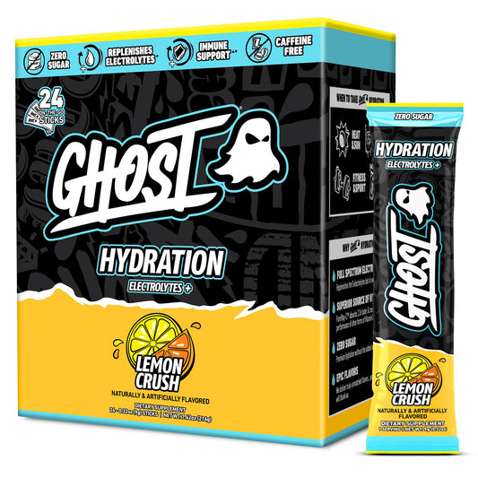 GHOST empaque frontal mostrando 24 sobres y beneficio hidratación instantánea