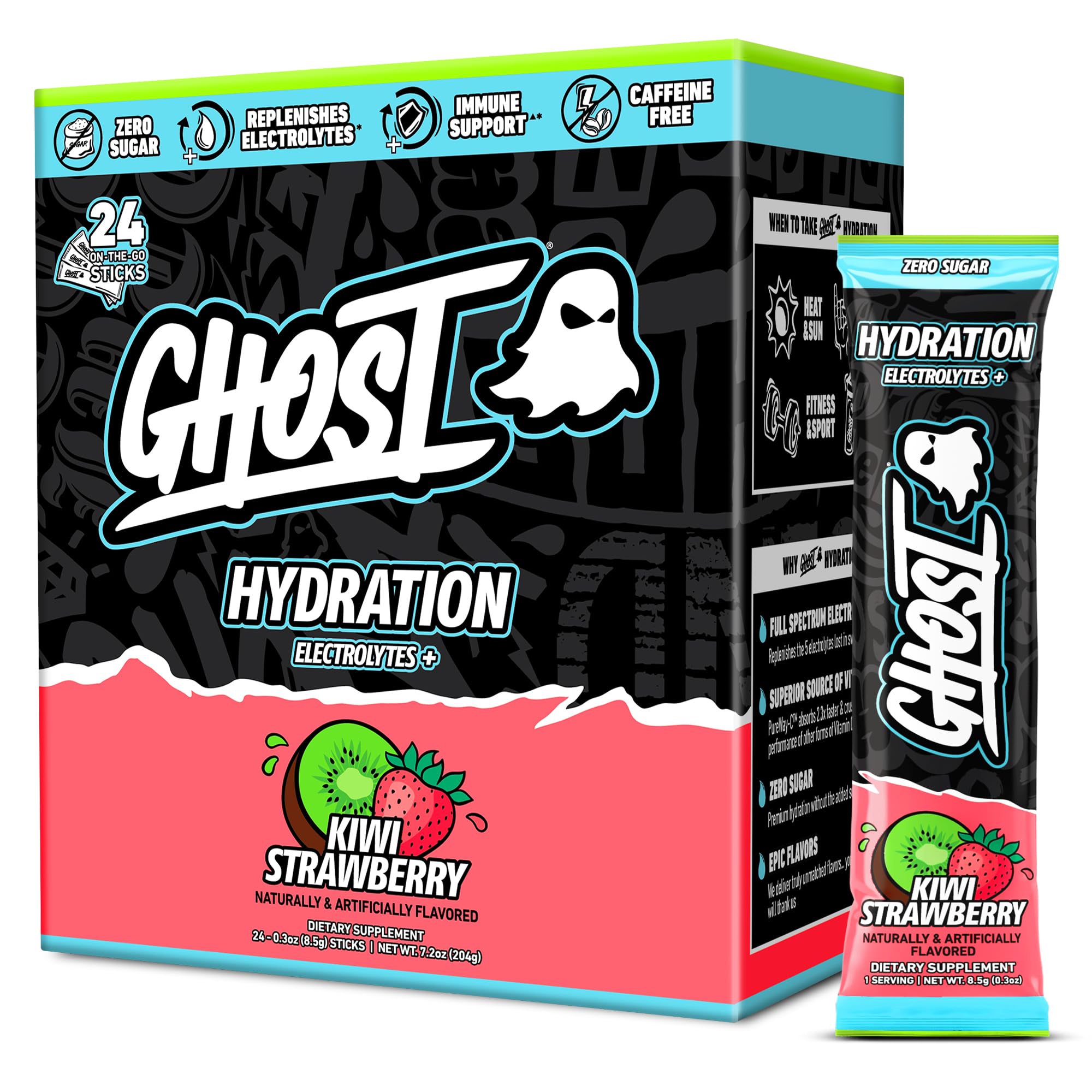 GHOST frontal del paquete mostrando 24 sobres y beneficio de conveniencia
