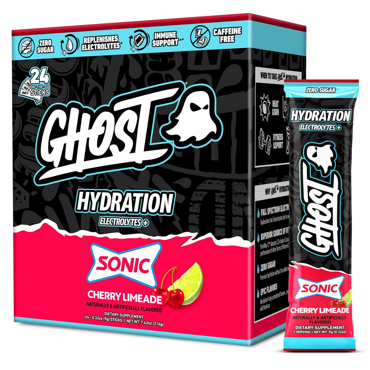 GHOST embalaje frontal con 24 sobres mostrando conveniencia