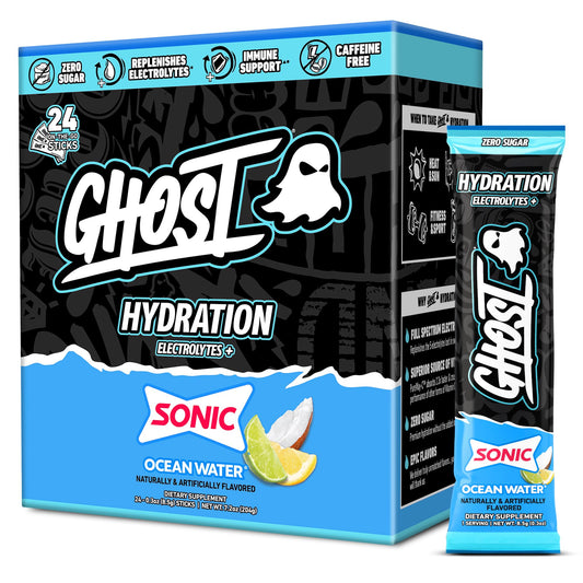 GHOST paquete frontal mostrando 24 sobres y beneficio hidratación portátil