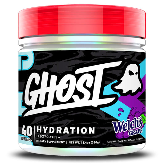GHOST Hydration tub frente del envase mostrando 40 servicios y sabor Welch’s Grape, hidratación clara