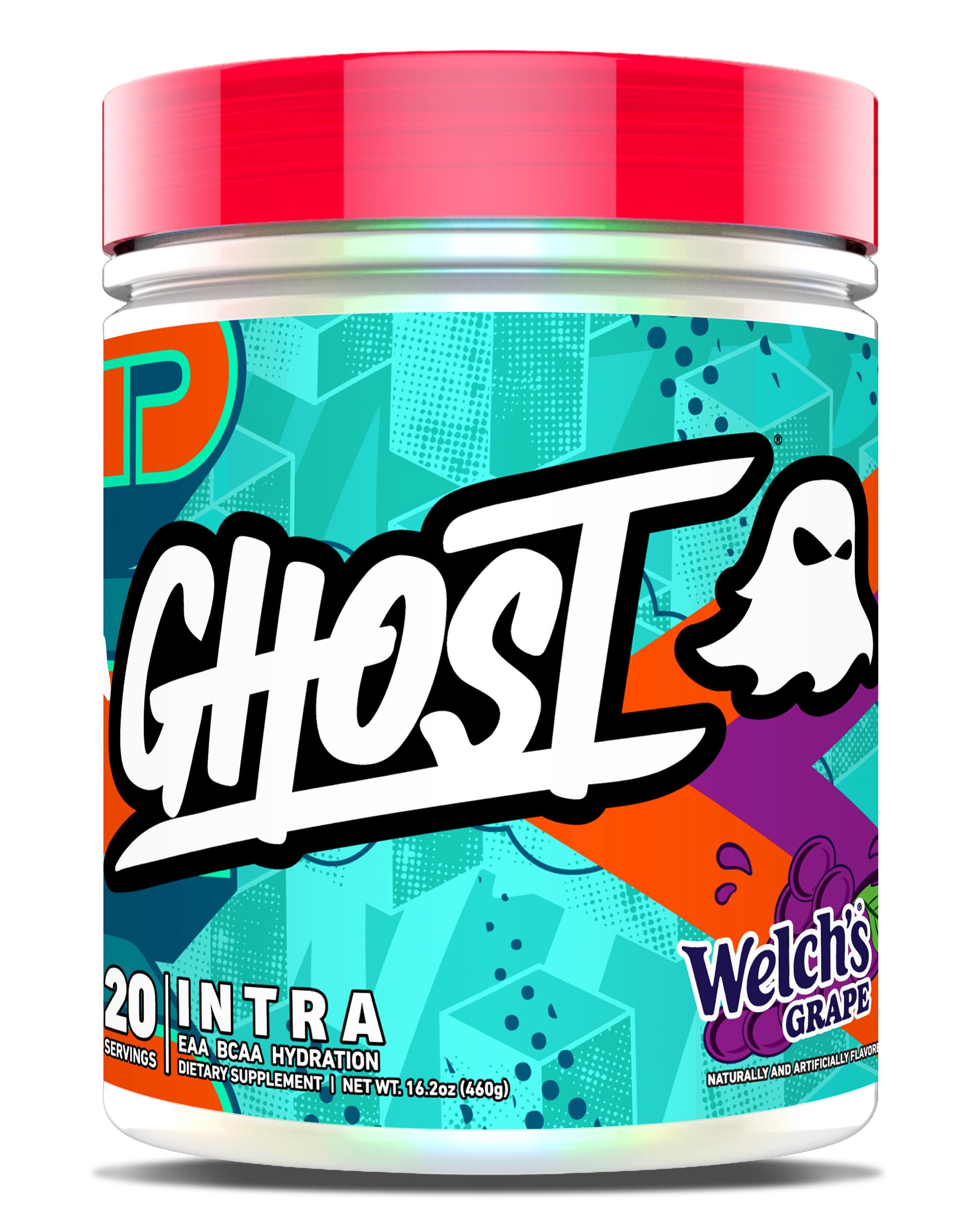 GHOST envase frontal Welch's Grape mostrando la marca y porciones