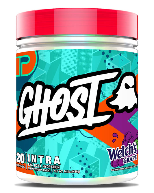GHOST envase frontal Welch's Grape mostrando la marca y porciones