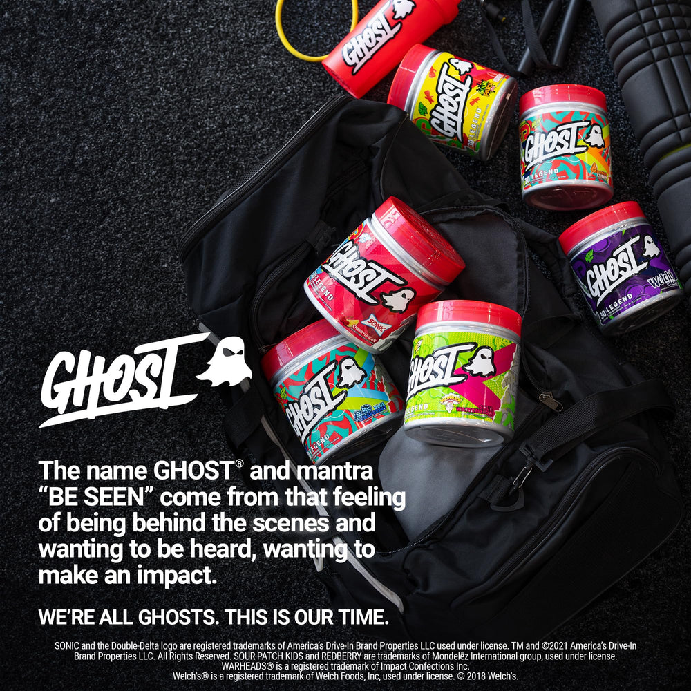 Atleta en gimnasio con GHOST Legend preparando preentreno y sensación de foco