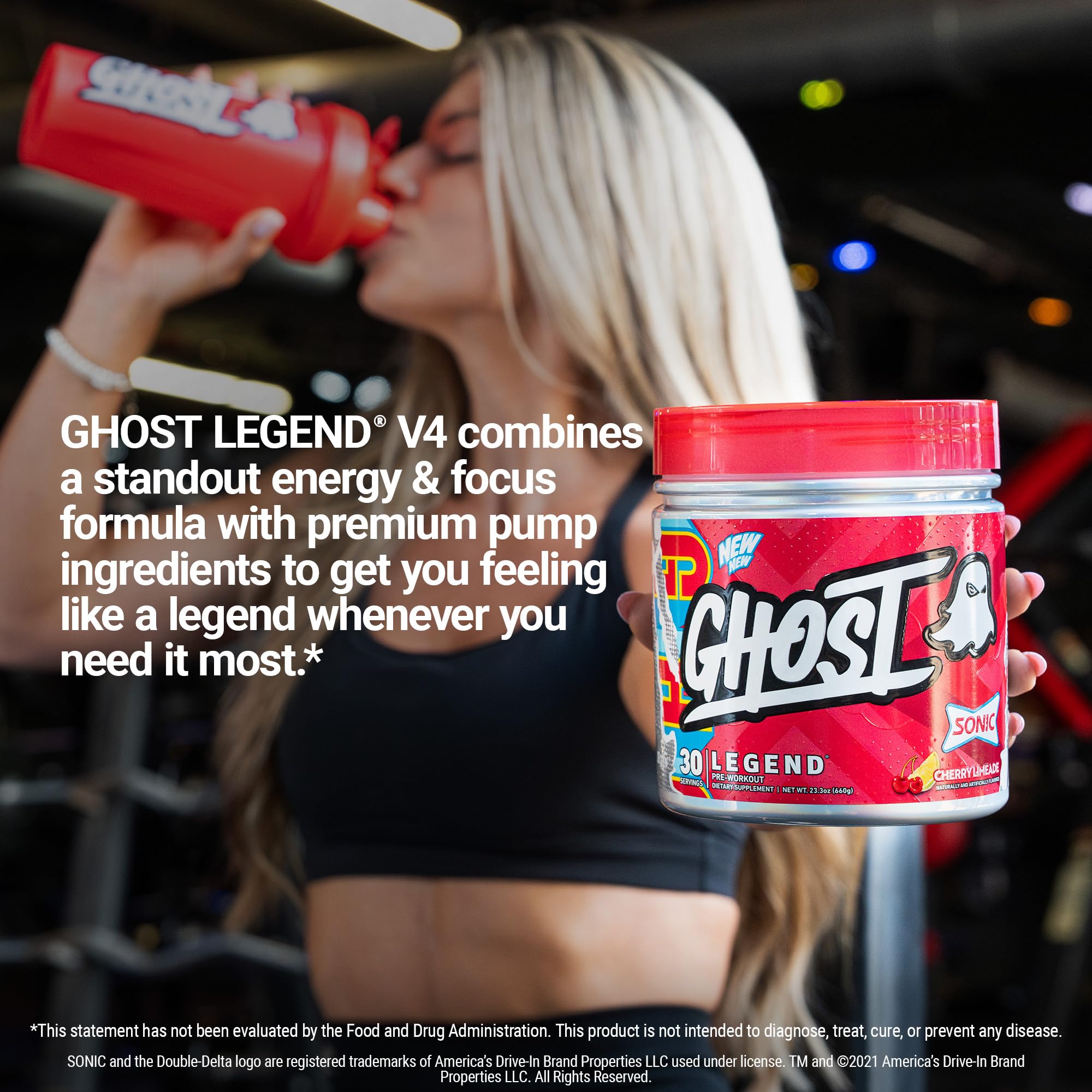 Etiqueta transparente de GHOST Legend mostrando dosis claras y lista de ingredientes