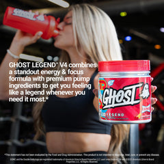 Etiqueta transparente de GHOST Legend mostrando dosis claras y lista de ingredientes