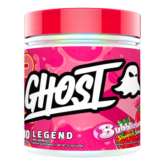 GHOST Legend frontal del envase mostrando 30 servicios y beneficio de energía
