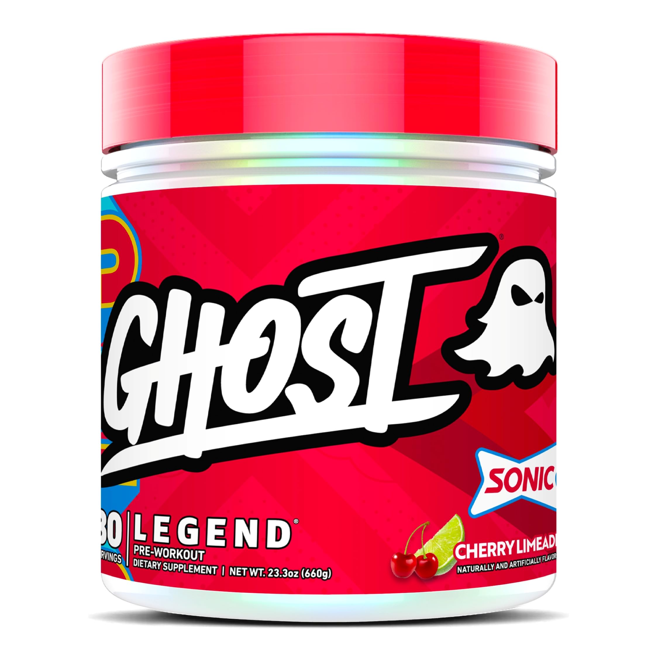GHOST Legend frontal del envase mostrando sabor Sonic Cherry Limeade y beneficios