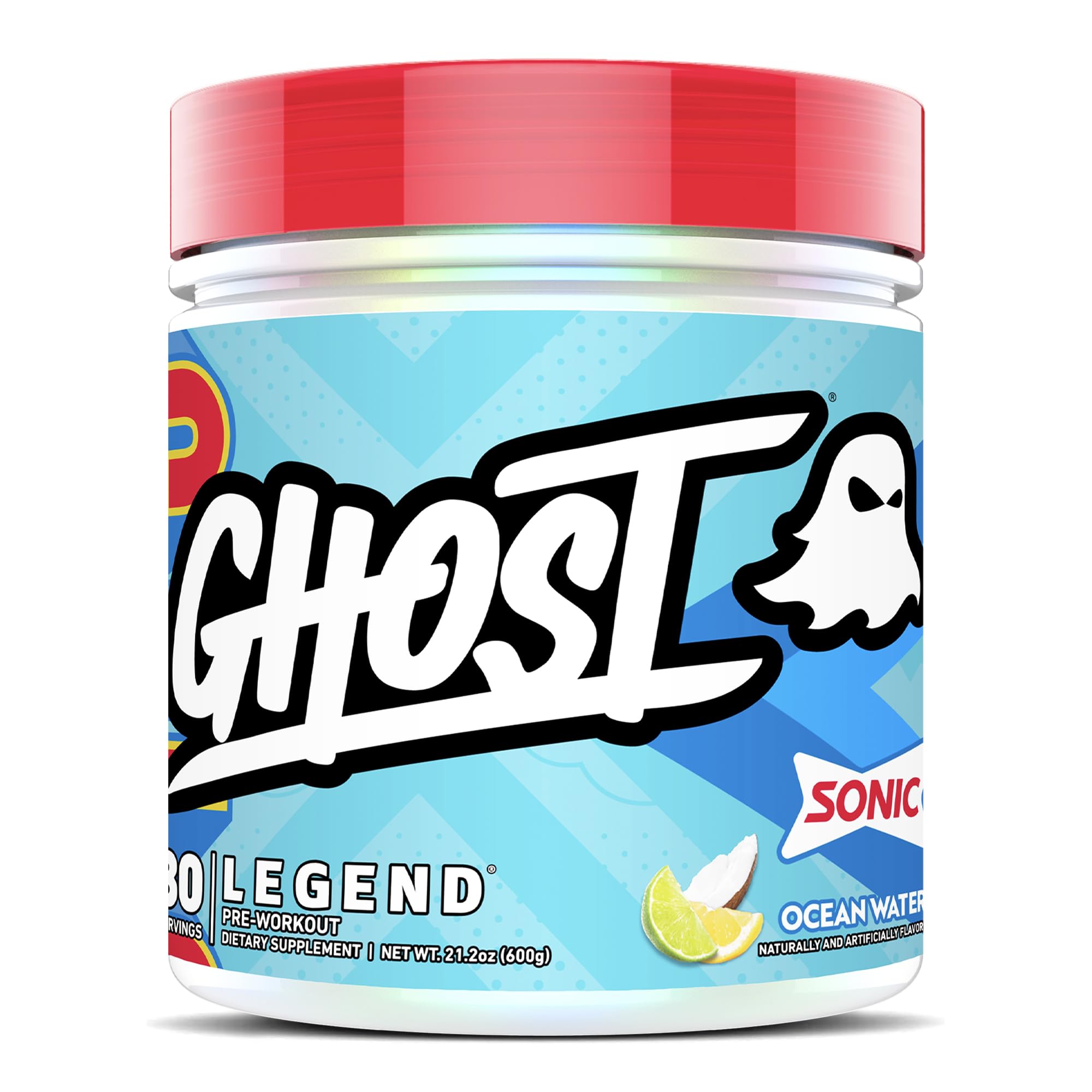 GHOST Legend frente del envase mostrando 30 servicios y sabor Sonic Ocean Water para energía