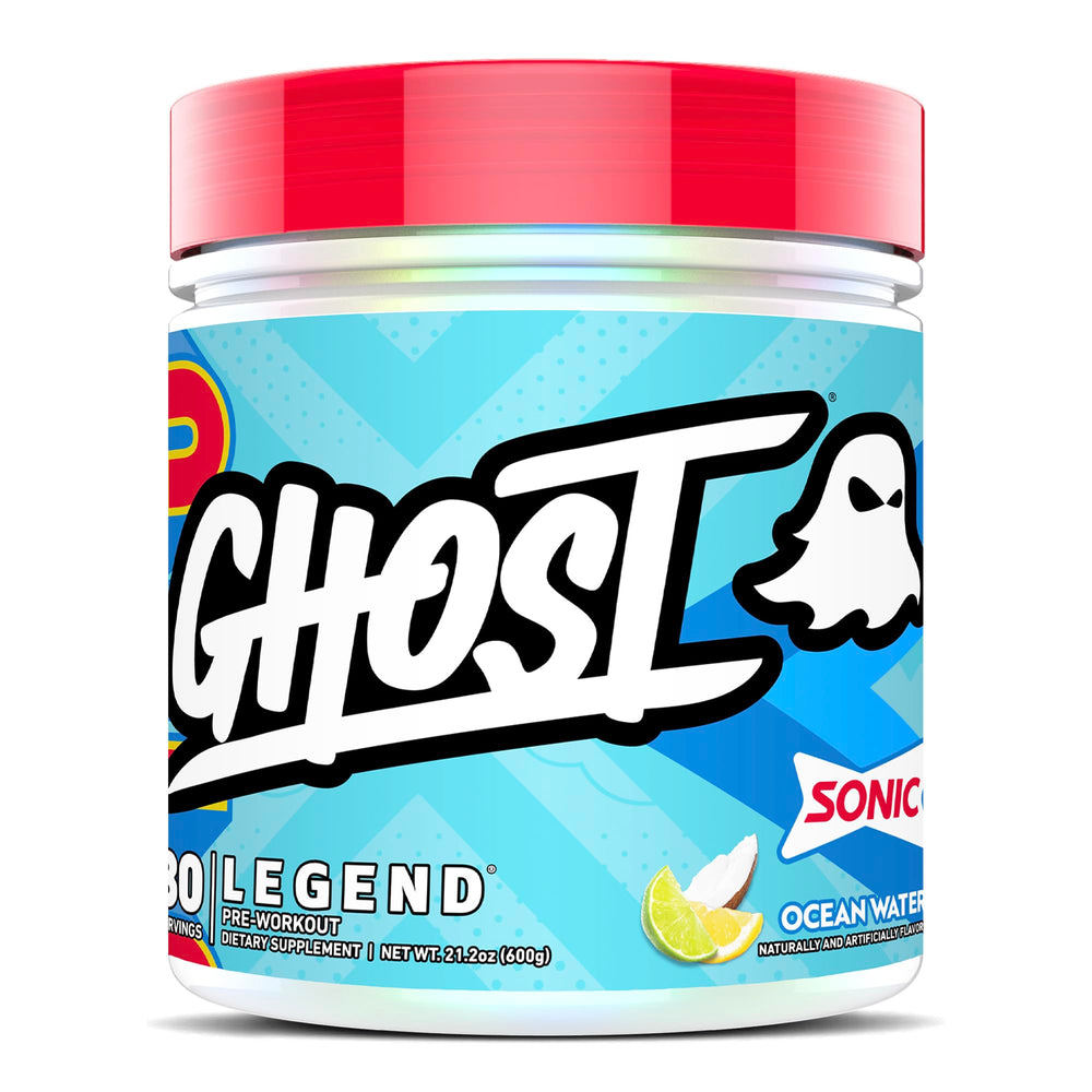 GHOST Legend frente del envase mostrando 30 servicios y sabor Sonic Ocean Water para energía