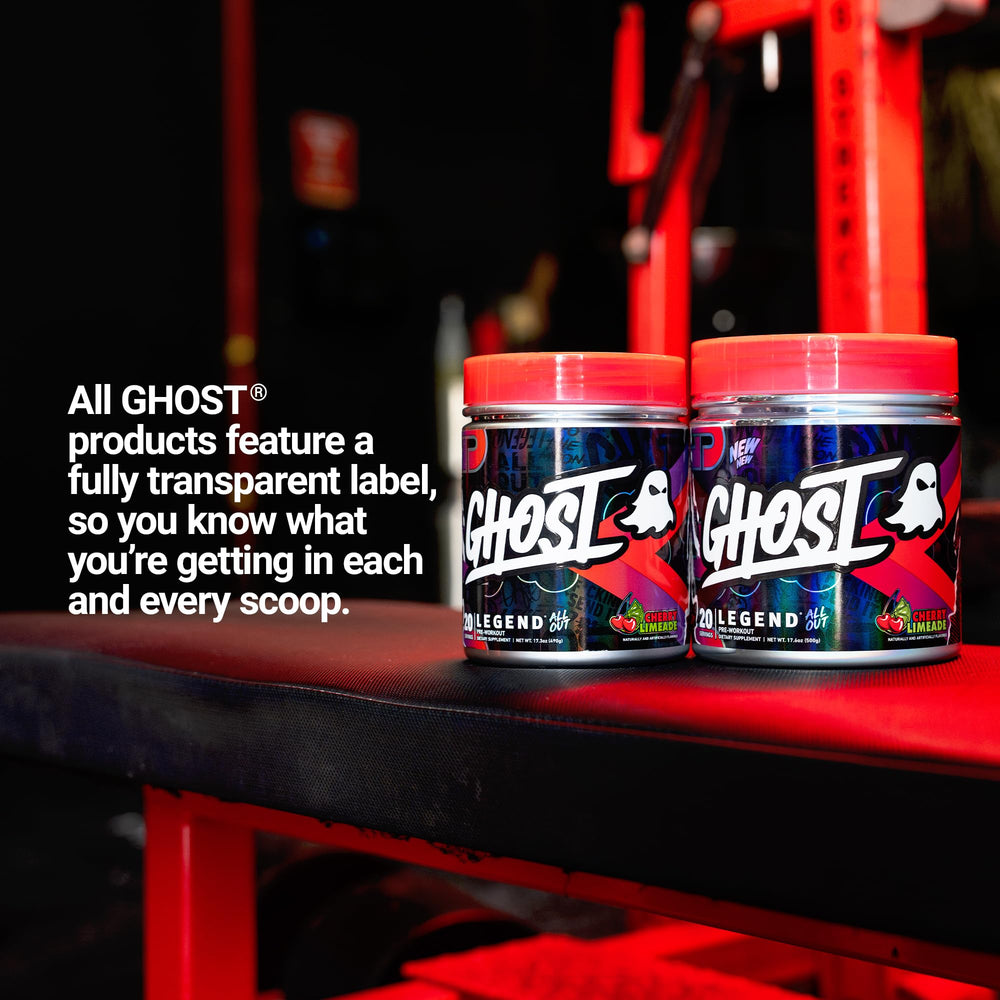 GHOST bote junto a una pesa para comparar tamaño y calcular 20 servicios por envase