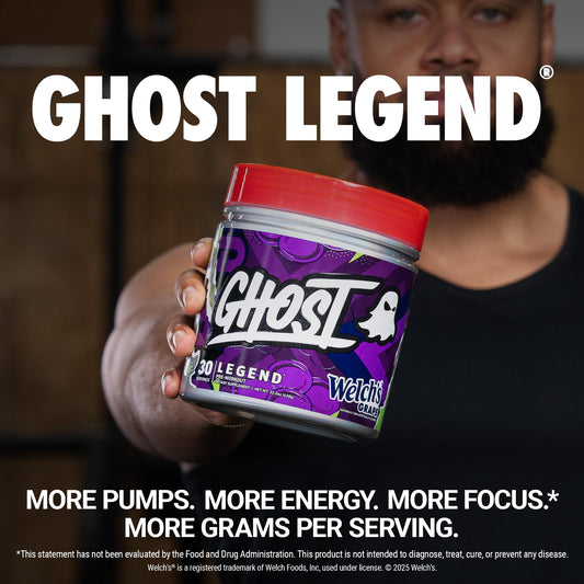 Polvo morado GHOST Legend textura real que facilita mezcla y sabor Welch's Grape