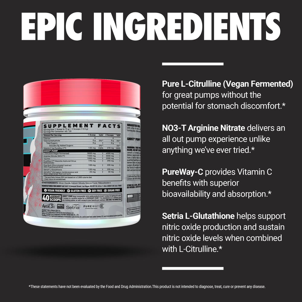 Etiqueta de GHOST Pump con ingredientes y dosis transparentes para control