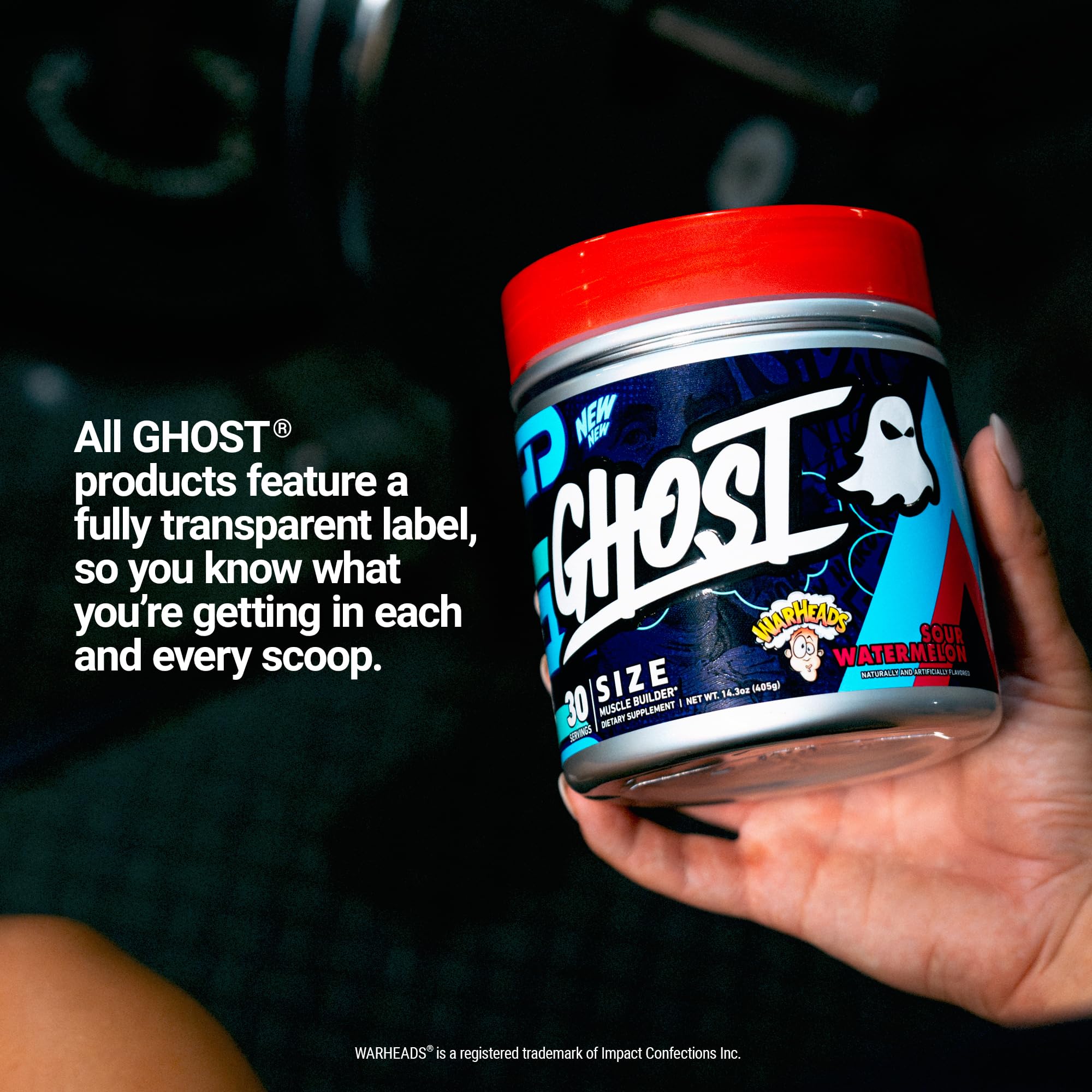 GHOST etiqueta transparente detalle de ingredientes para aseguramiento de dosis claras