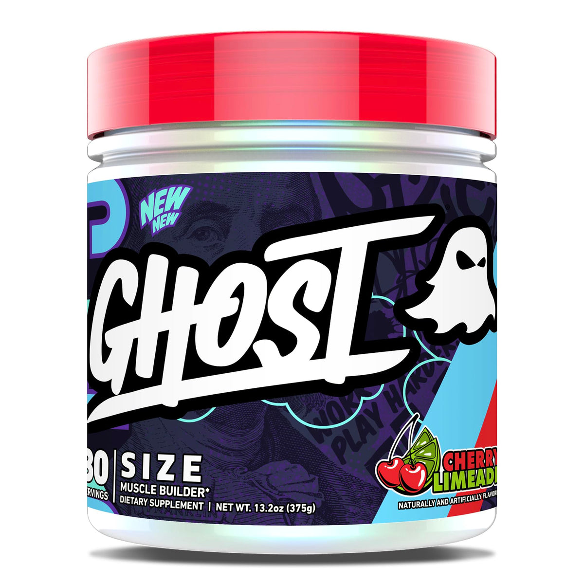 GHOST Size vista frontal del envase mostrando el diseño y beneficios