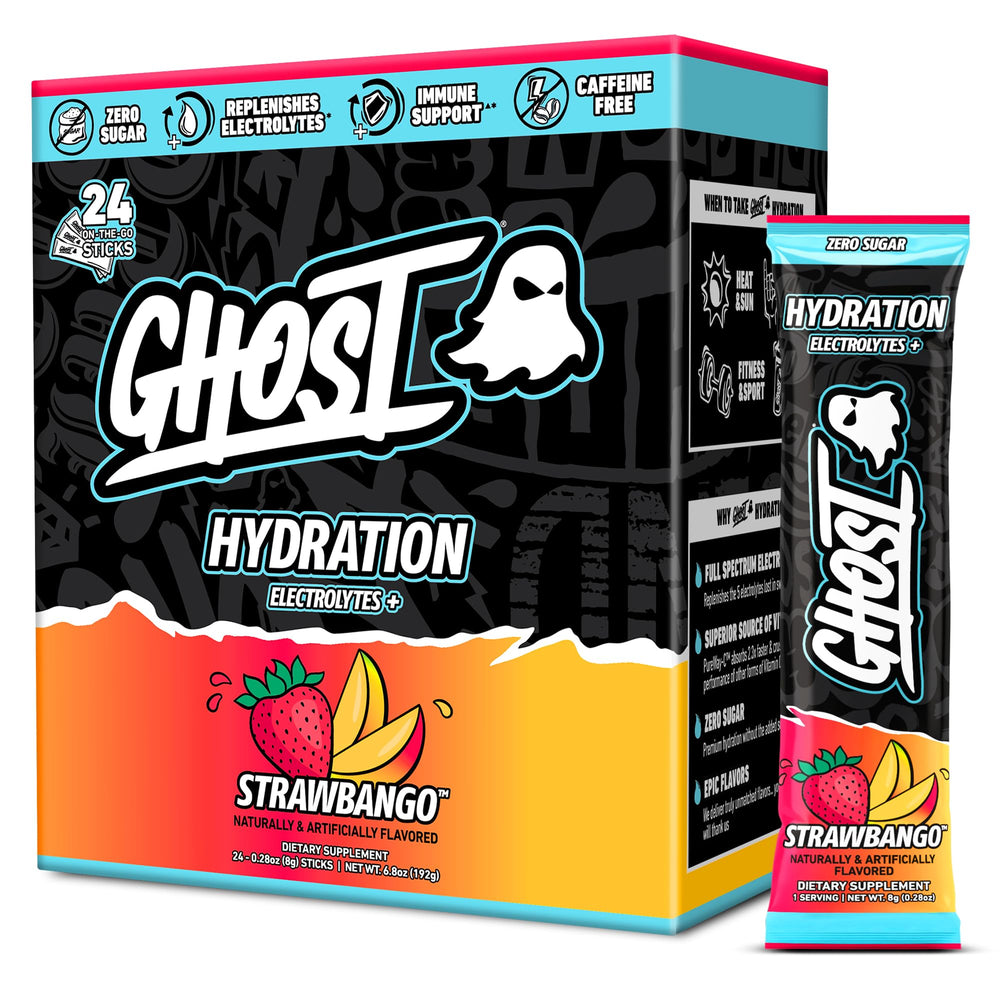 GHOST empaque frontal Strawbango mostrando 24 sobres y claridad de ingredientes