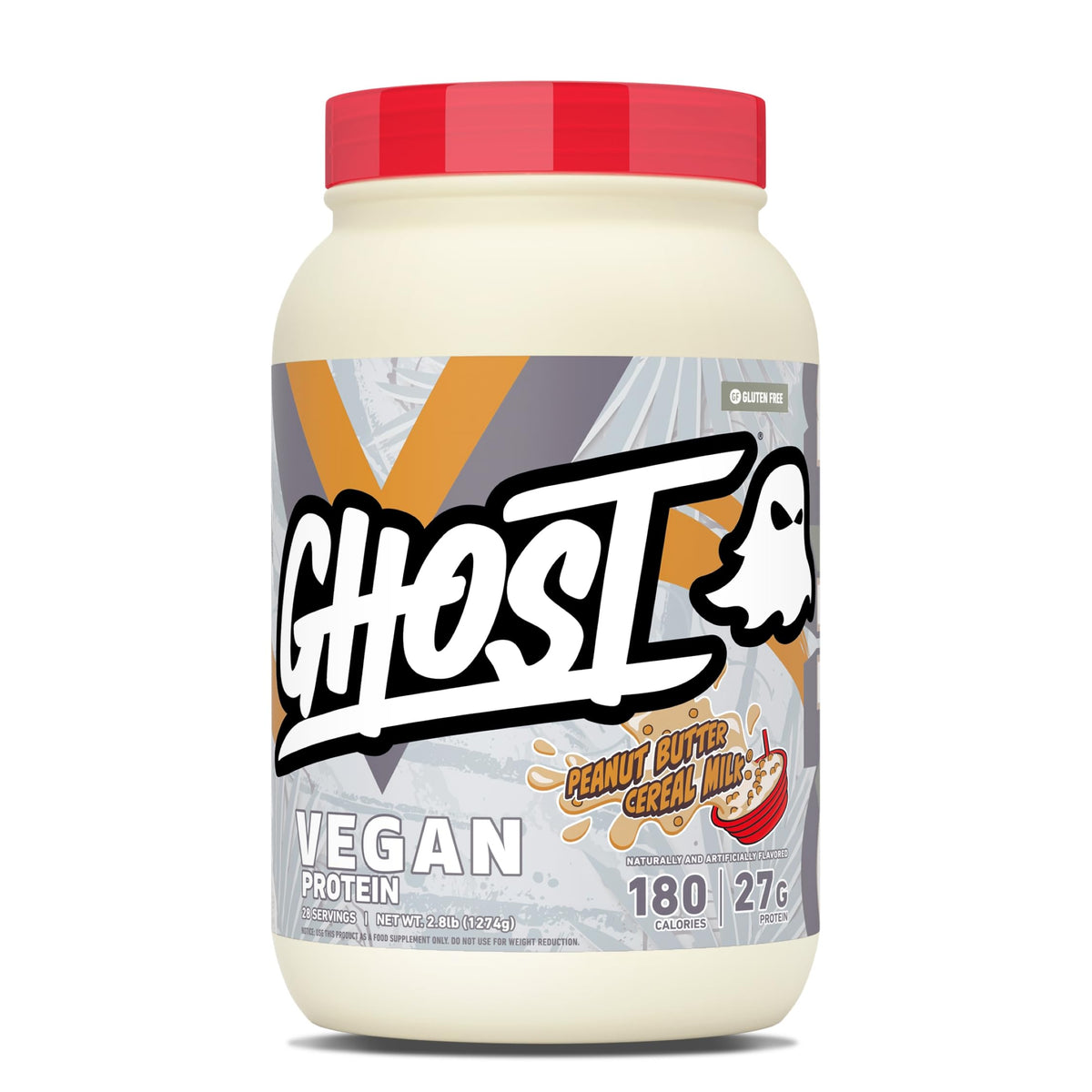 GHOST tarro frente mostrando etiqueta transparente y beneficio de proteína clara
