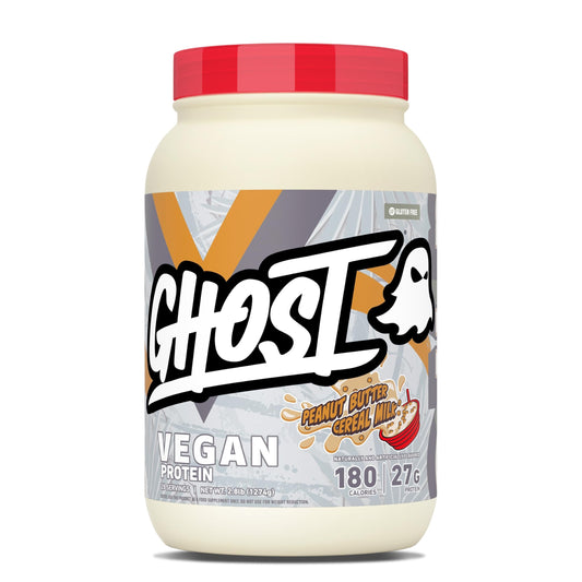 GHOST tarro frente mostrando etiqueta transparente y beneficio de proteína clara