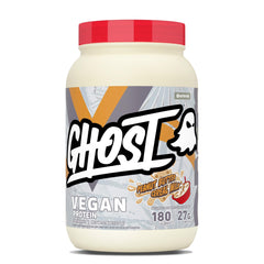 GHOST tarro frente mostrando etiqueta transparente y beneficio de proteína clara
