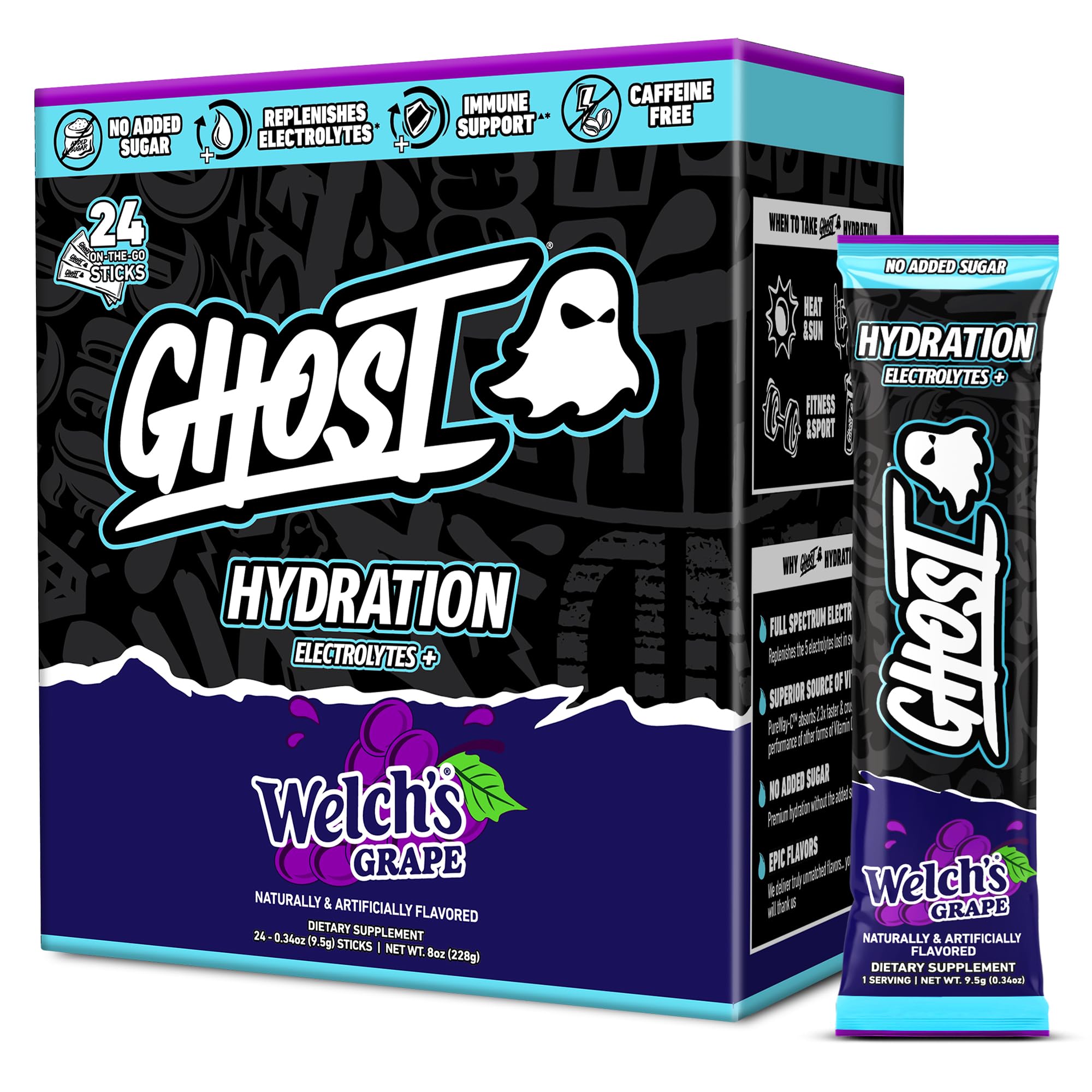 GHOST empaque frontal de Welch's Grape mostrando 24 sobres y etiquetado transparente