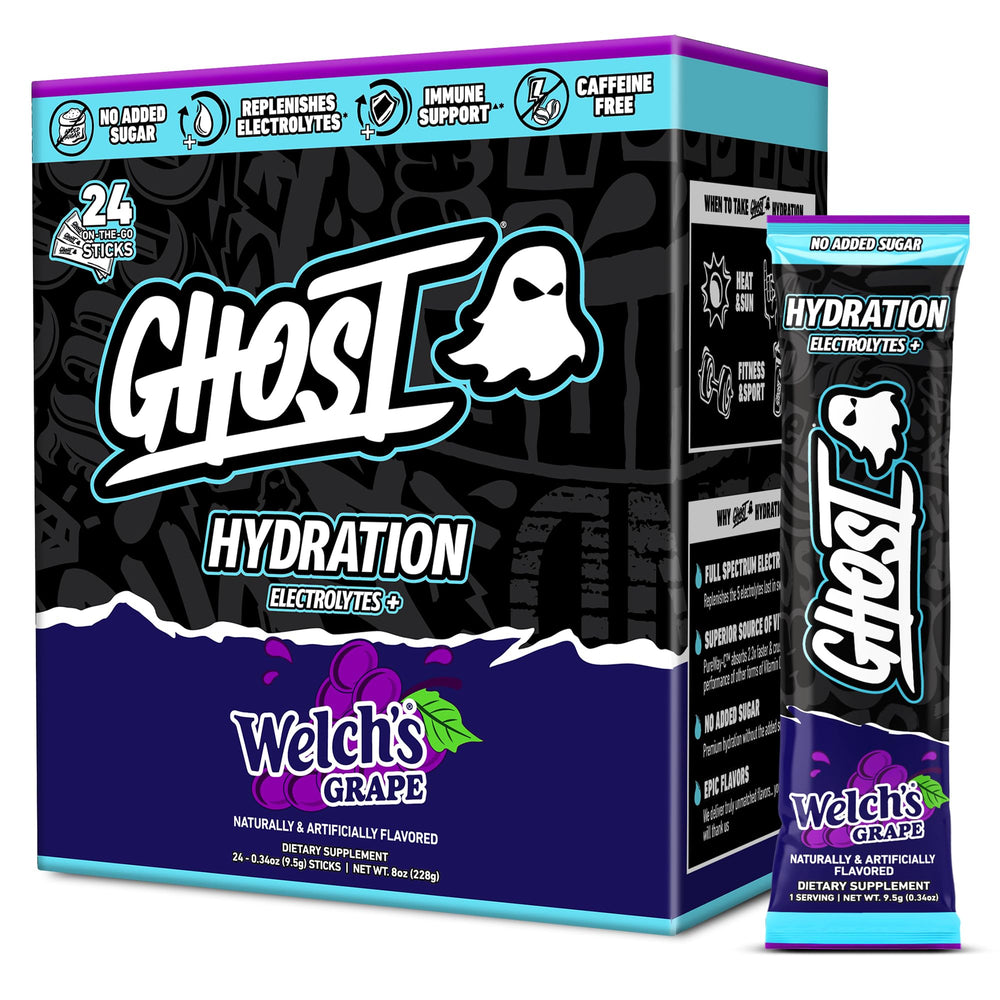 GHOST empaque frontal de Welch's Grape mostrando 24 sobres y etiquetado transparente