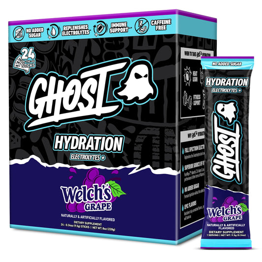 GHOST empaque frontal de Welch's Grape mostrando 24 sobres y etiquetado transparente