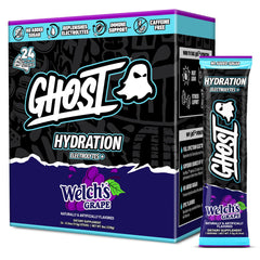 GHOST empaque frontal de Welch's Grape mostrando 24 sobres y etiquetado transparente
