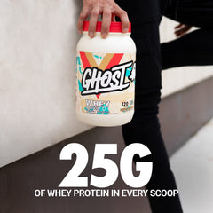 GHOST cuchara con porción de 25 g destacando contenido proteico por ración