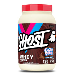 GHOST envase frontal Cocoa Puffs mostrando 25 g proteína y diseño llamativo